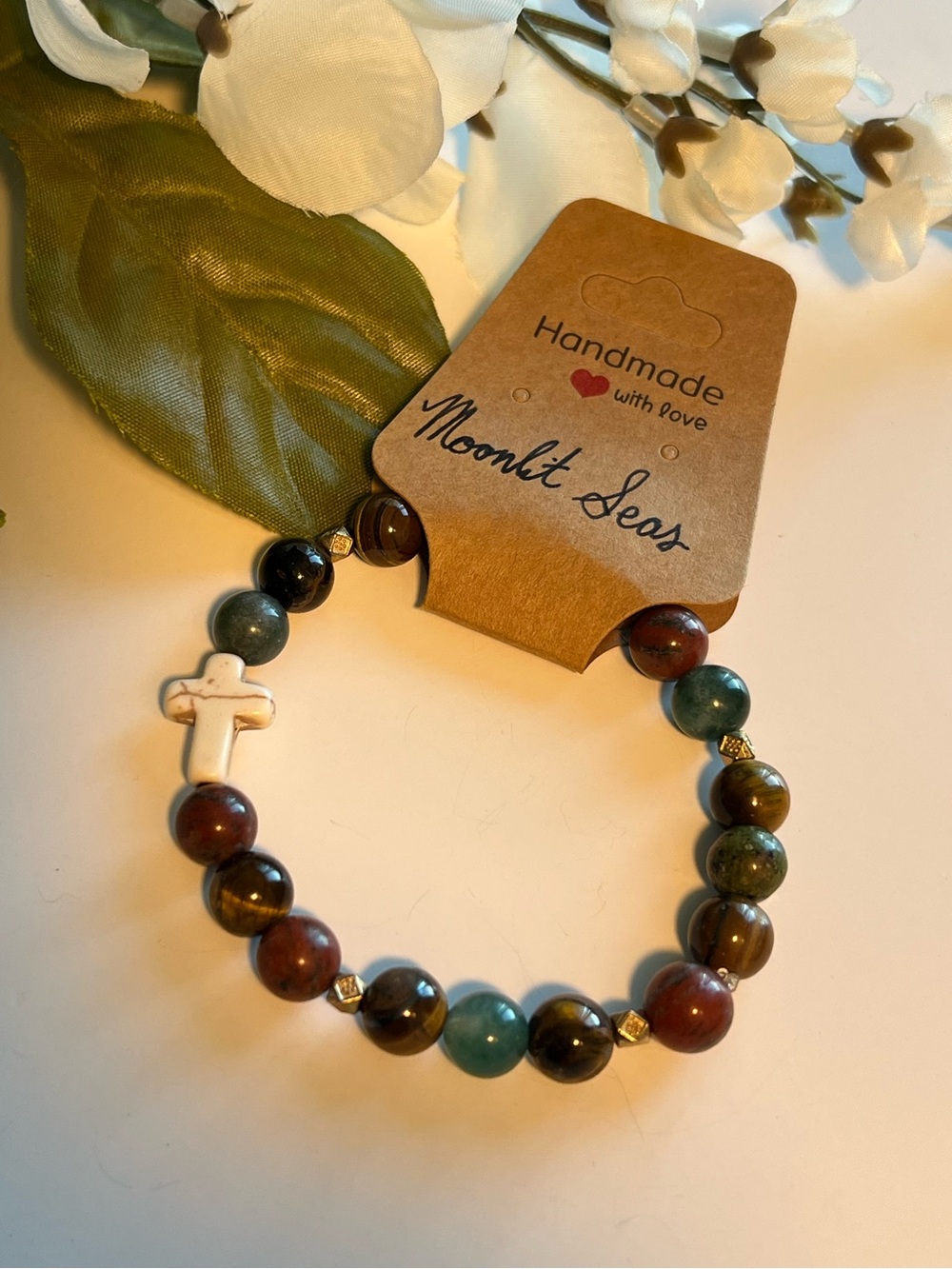 Handmade Multicolor Beaded Cross Bracelet with Tiger’s Eye Christian